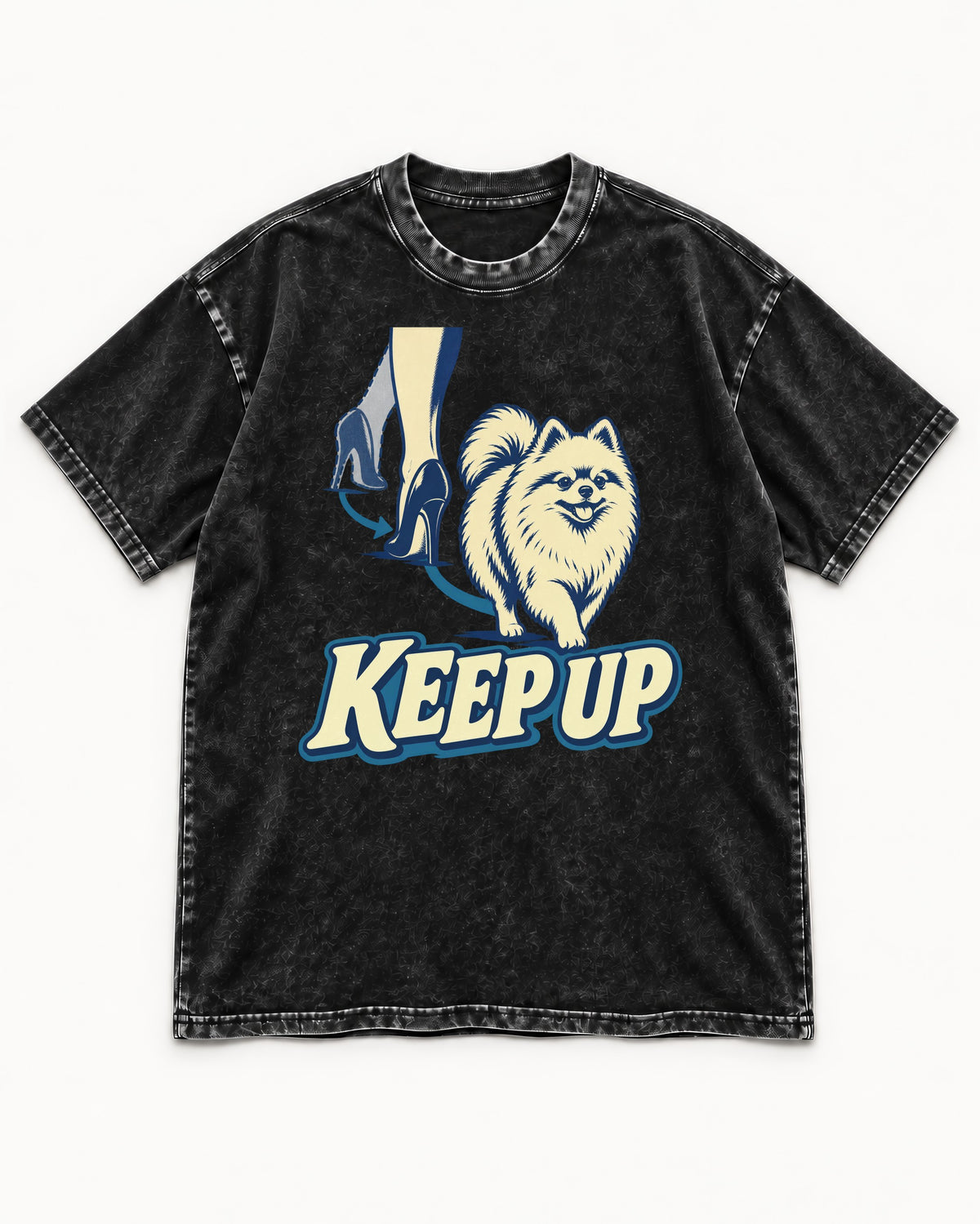 Pomeranian Keep Up High Heel Chase Graphic Washed Tee in Black, flat lay product photo