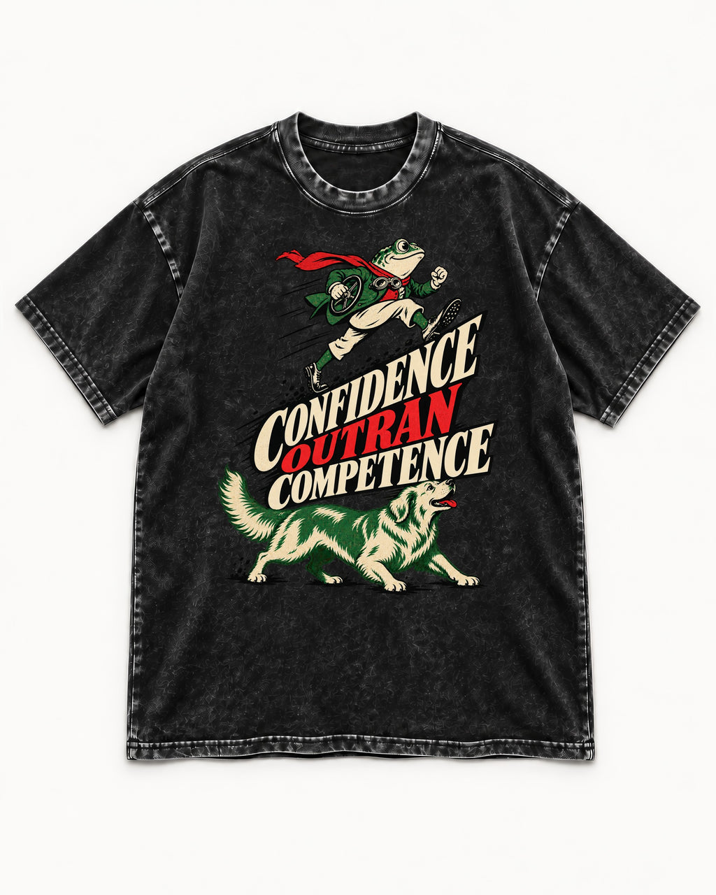 Golden Retriever Confidence Outran Competence Racing Graphic Washed Tee in Black, flat lay product photo