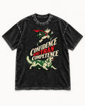 Golden Retriever Confidence Outran Competence Racing Graphic Washed Tee in Black, flat lay product photo