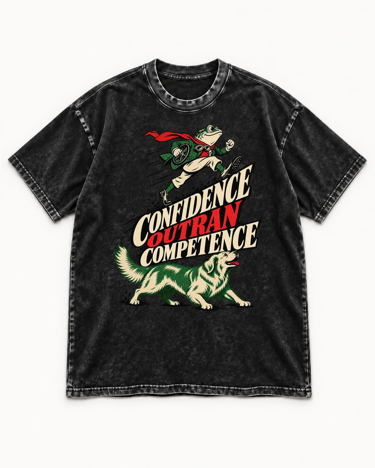 Golden Retriever Confidence Outran Competence Racing Graphic Washed Tee in Black, flat lay product photo