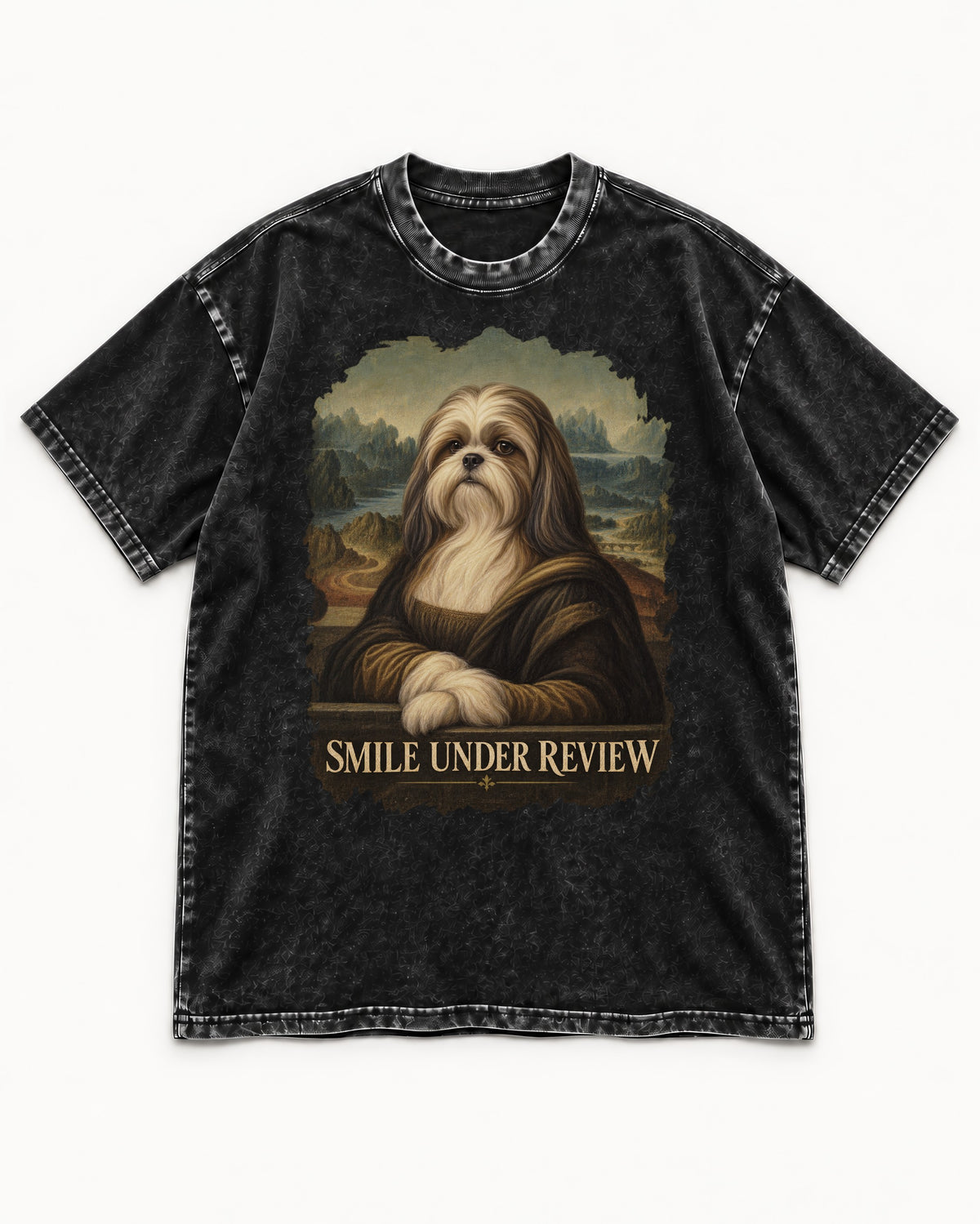 Shih Tzu Smile Under Review Old Master Portrait Graphic Washed Tee in Black, flat lay product photo
