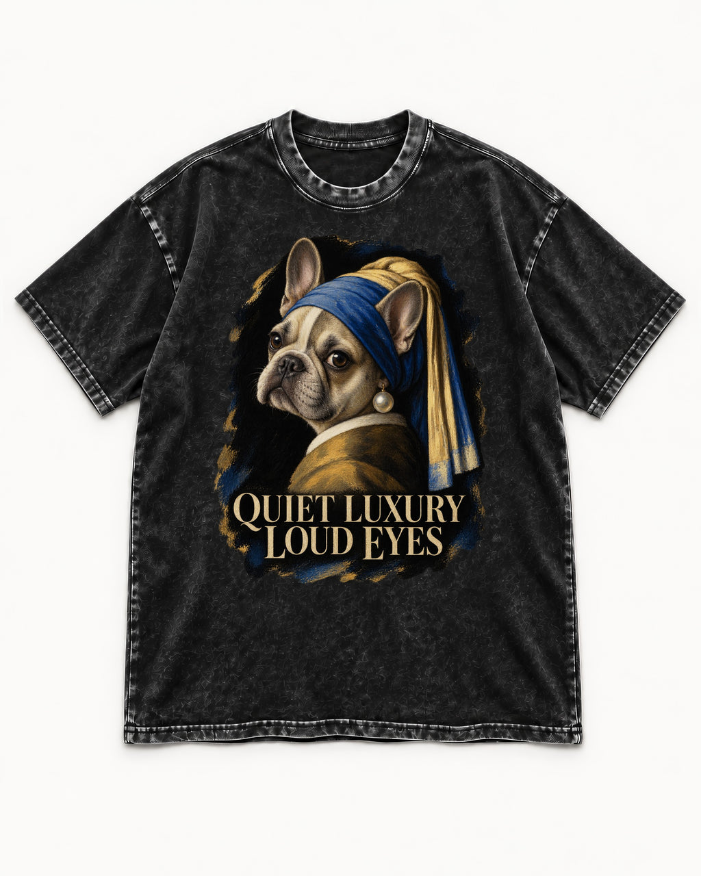 Frenchie Quiet Luxury Loud Eyes Pearl Portrait Graphic Washed Tee in Black, flat lay product photo