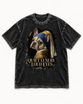 Frenchie Quiet Luxury Loud Eyes Pearl Portrait Graphic Washed Tee in Black, flat lay product photo