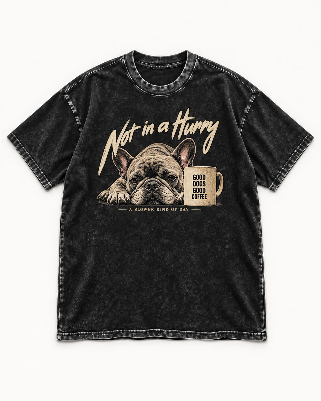 Frenchie Not in a Hurry Coffee Graphic Washed Tee in Black, flat lay product photo