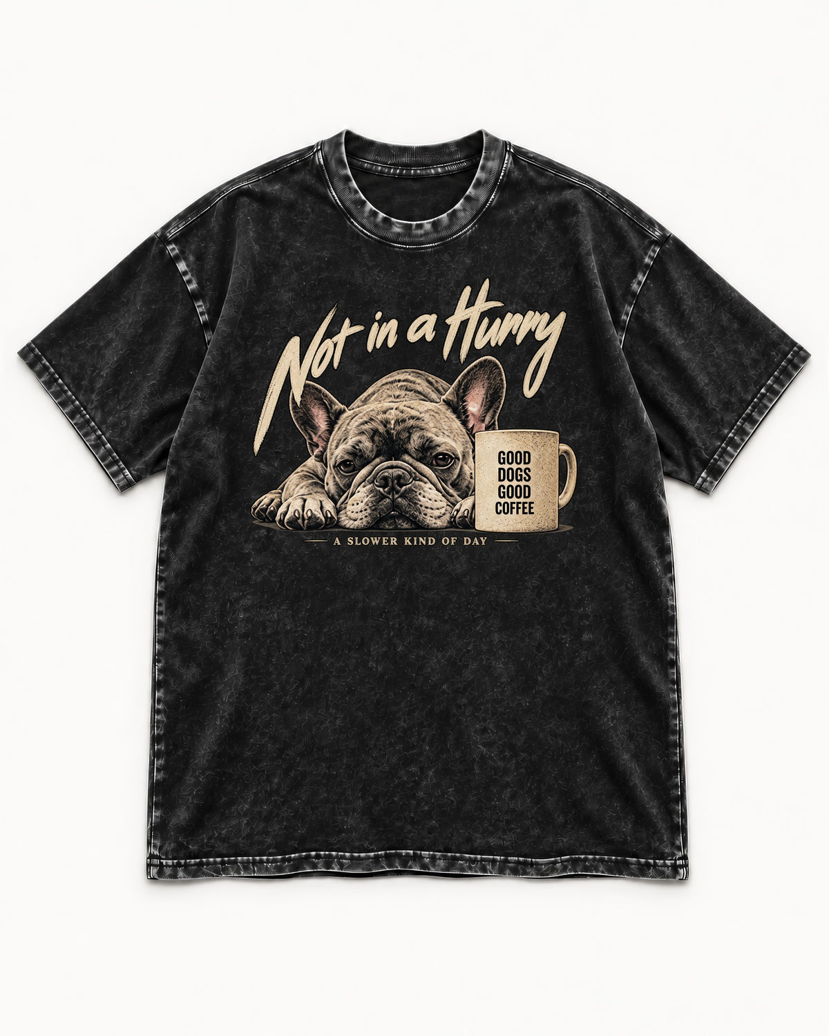 Frenchie Not in a Hurry Coffee Graphic Washed Tee in Black, flat lay product photo