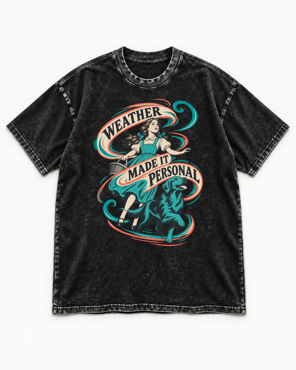 Golden Retriever Weather Made It Personal Woman Graphic Washed Tee in Black, flat lay product photo
