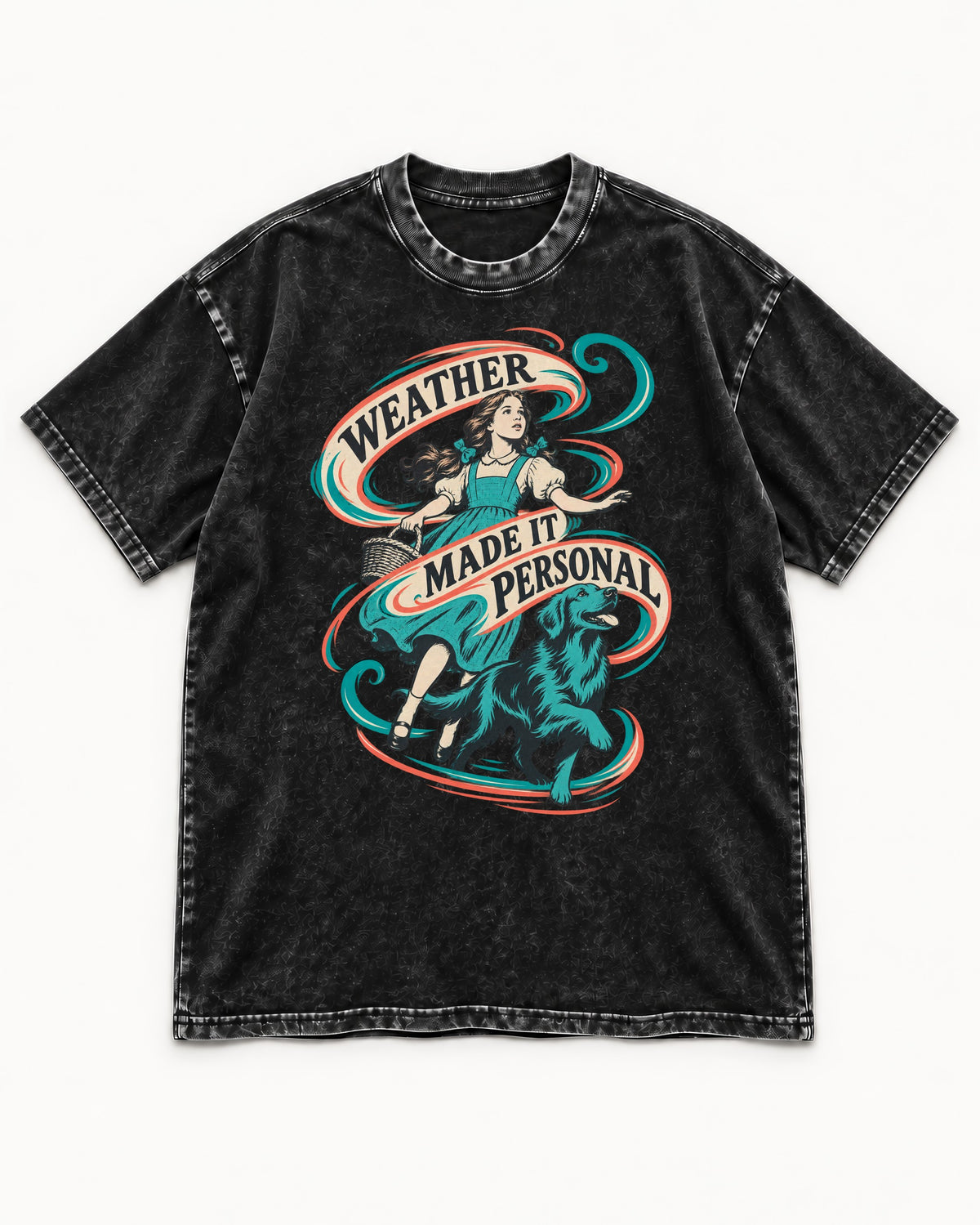 Golden Retriever Weather Made It Personal Woman Graphic Washed Tee in Black, flat lay product photo