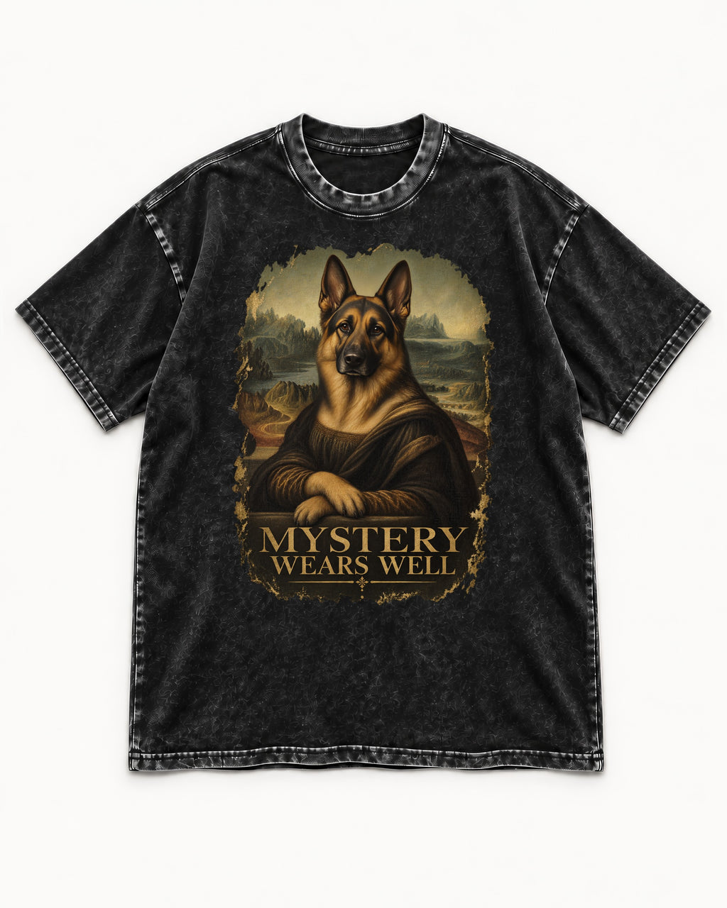 German Shepherd Dog Mystery Wears Well Renaissance Portrait Washed Tee in Black, flat lay product photo