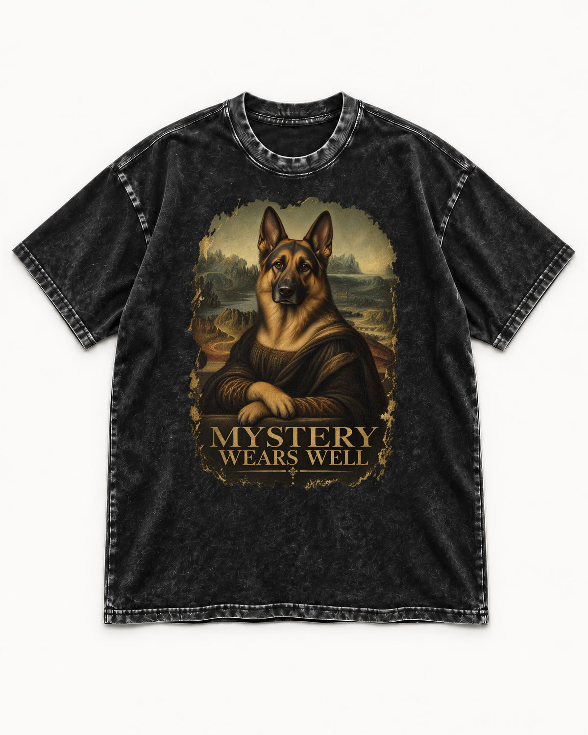 German Shepherd Dog Mystery Wears Well Renaissance Portrait Washed Tee in Black, flat lay product photo