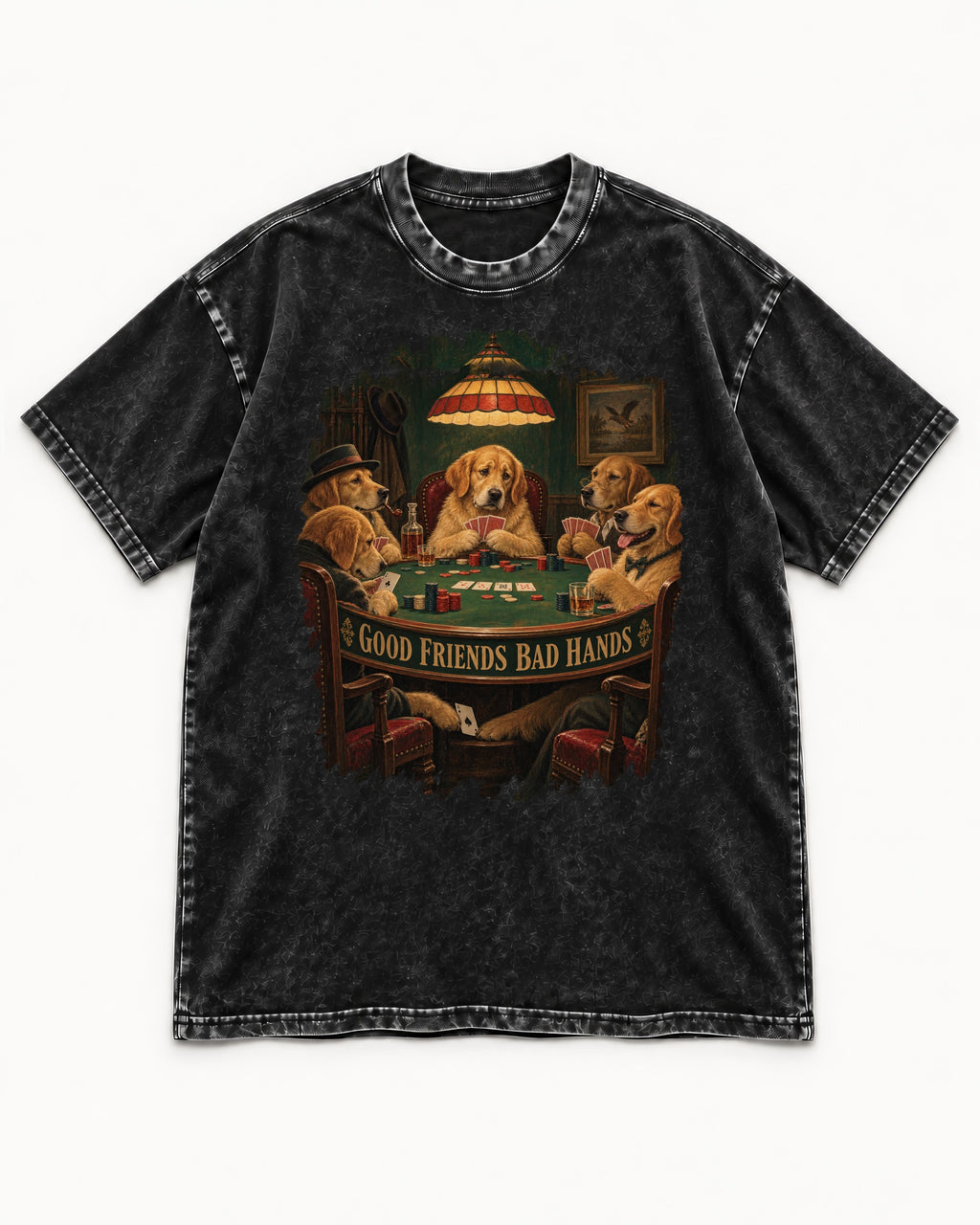 Good Friends Bad Hands Poker Golden Retriever Graphic Washed Tee in Black, flat lay product photo