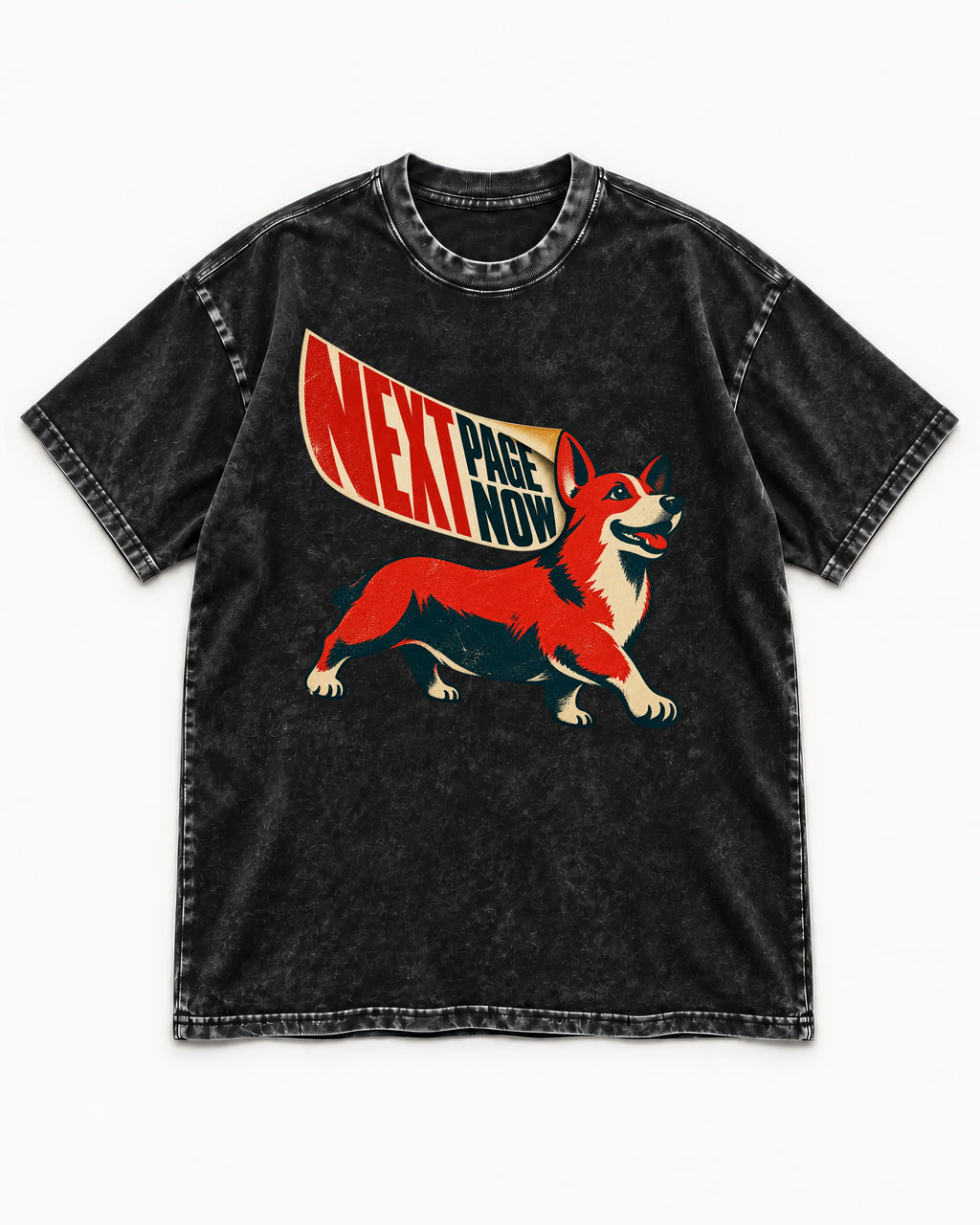 Corgi Next Page Now Pennant Graphic Washed Tee in Black, flat lay product photo