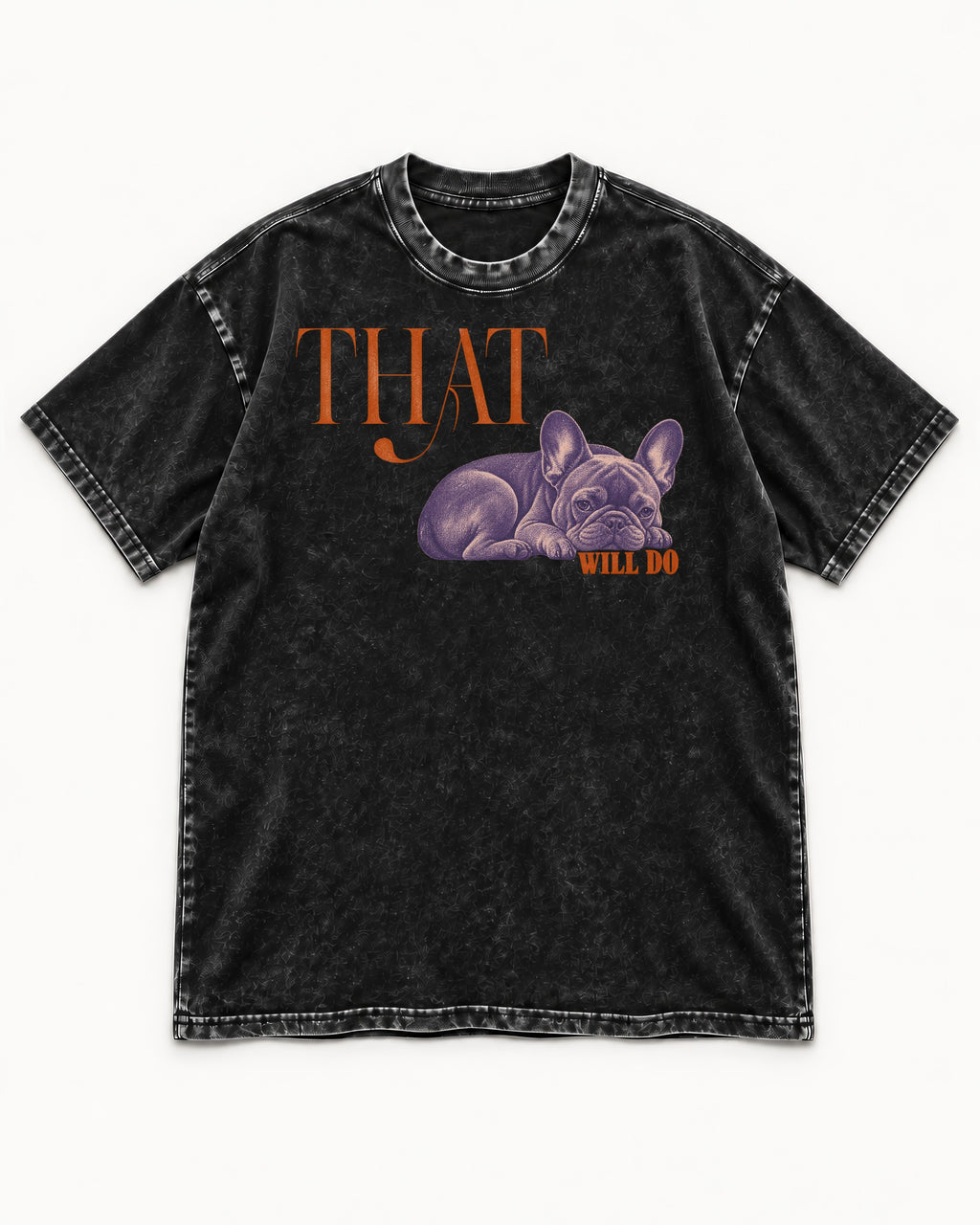 Frenchie That Will Do Resting Graphic Washed Tee in Black, flat lay product photo