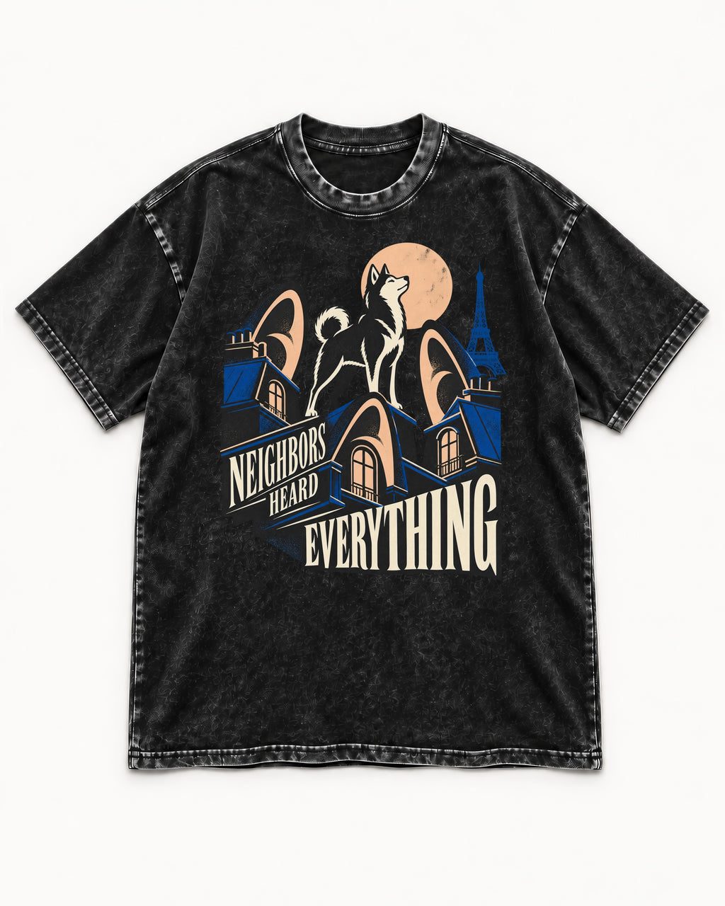 Husky Neighbors Heard Everything Paris Rooftop Graphic Washed Tee in Black, flat lay product photo