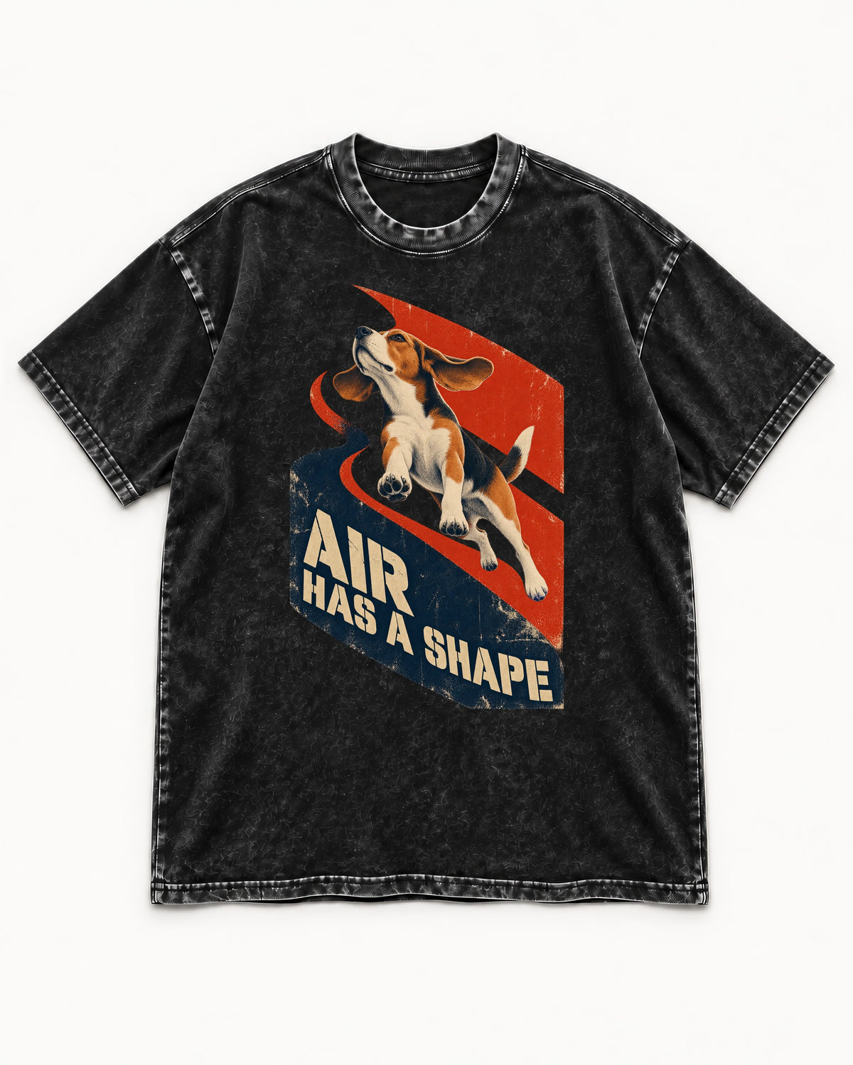 Air Has A Shape Beagle Jumping Graphic Washed Tee in Black, flat lay product photo