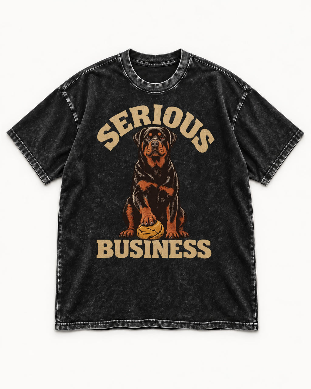 Rottweiler Serious Business Ball Under Paw Graphic Washed Tee in Black, flat lay product photo