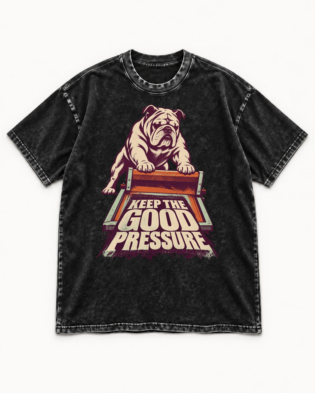 English Bulldog Keep the Good Pressure Printing Press Graphic Washed Tee in Black, flat lay product photo