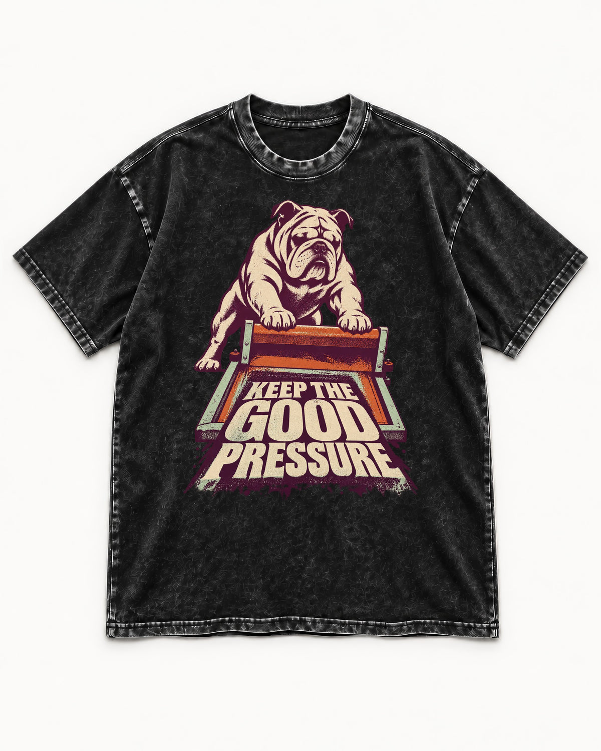 English Bulldog Keep the Good Pressure Printing Press Graphic Washed Tee in Black, flat lay product photo