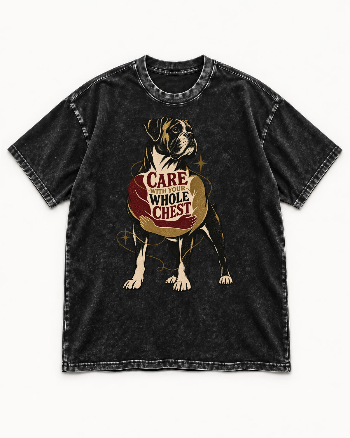 Boxer Care With Your Whole Chest Washed Tee in Black, flat lay product photo