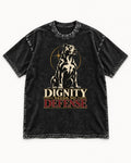 Pitbull Dignity Needs No Defense Seated Emblem Graphic Washed Tee in Black, flat lay product photo
