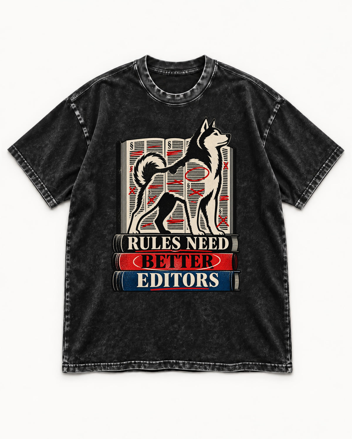 Husky Rules Need Better Editors Book Stack Graphic Washed Tee in Black, flat lay product photo