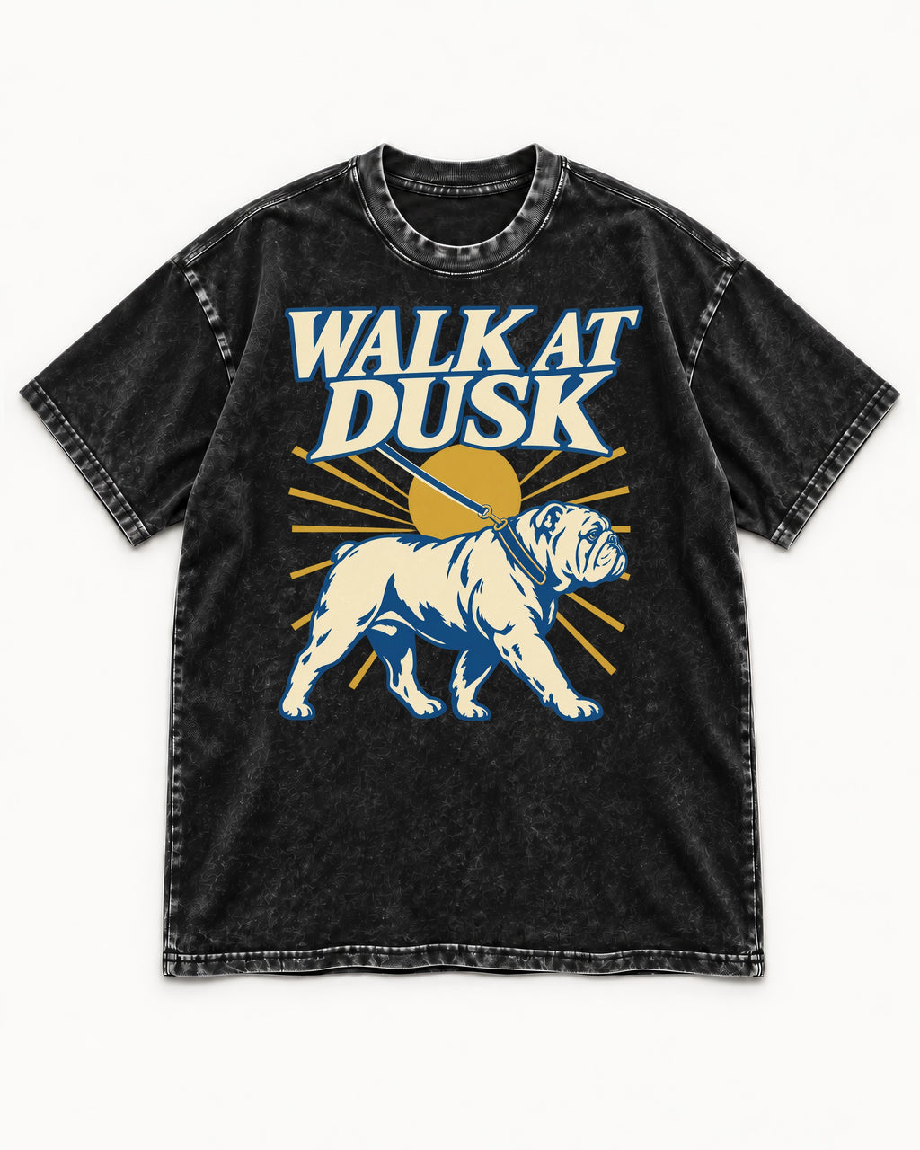English Bulldog Walk at Dusk Sunset Graphic Washed Tee in Black, flat lay product photo