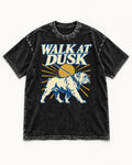 English Bulldog Walk at Dusk Sunset Graphic Washed Tee in Black, flat lay product photo