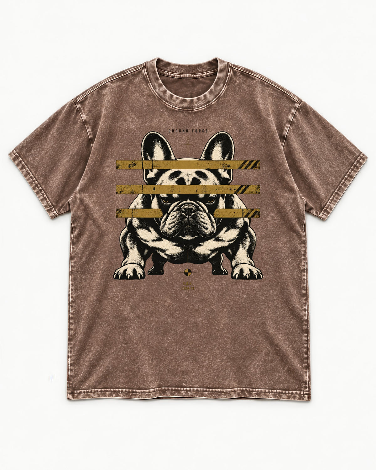 Frenchie Ground Force Industrial Barrier Graphic Washed Tee in Coffee, flat lay product photo