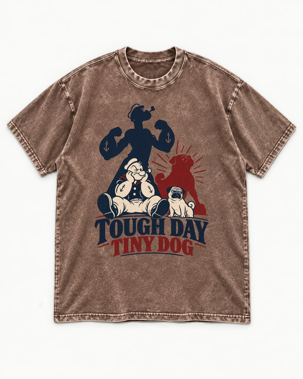 Tough Day Tiny Pug Washed Tee in Coffee, flat lay product photo