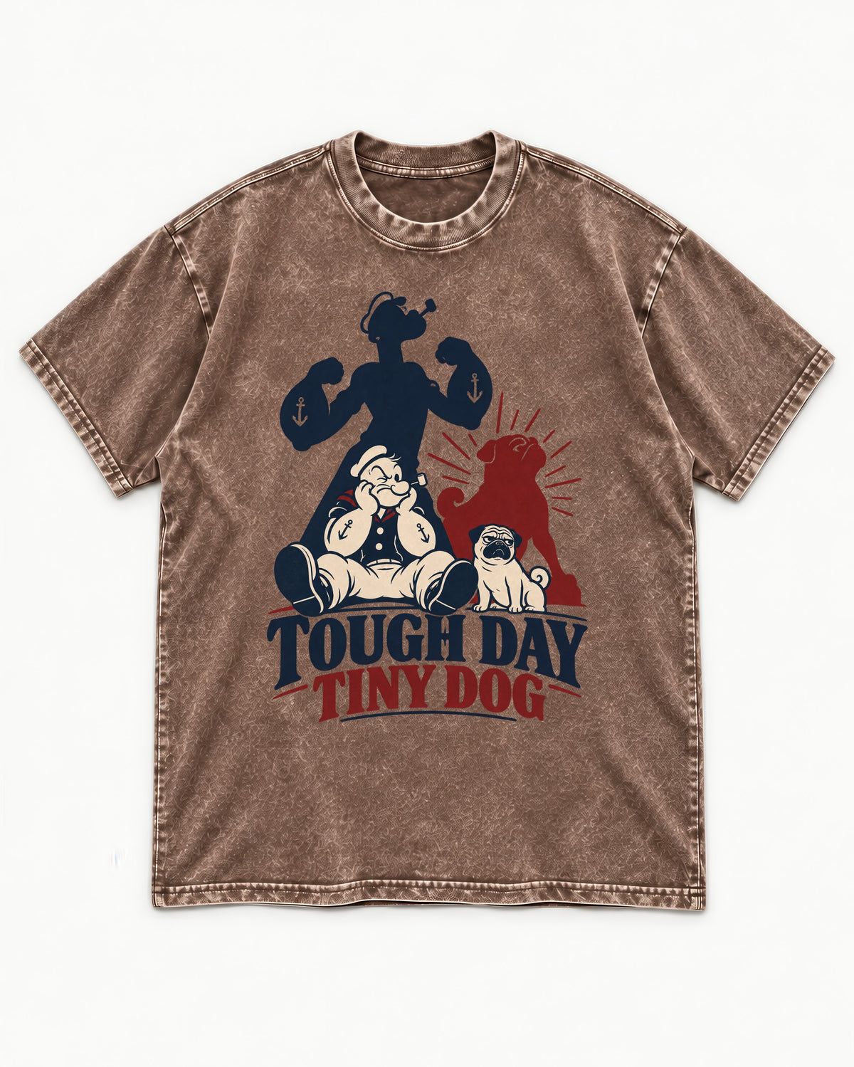 Tough Day Tiny Pug Washed Tee in Coffee, flat lay product photo