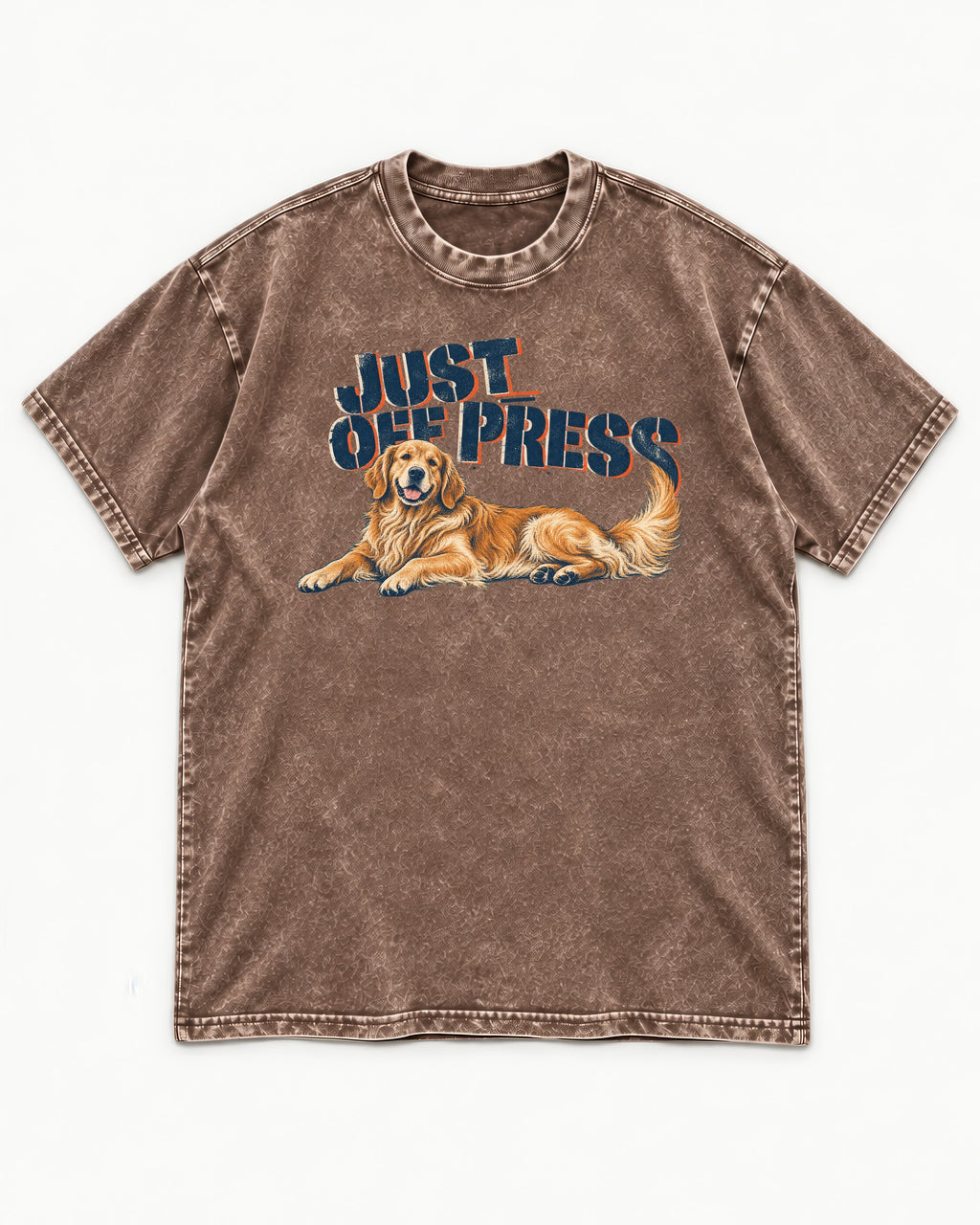 Golden Retriever Just Off Press Washed Tee in Coffee, flat lay product photo