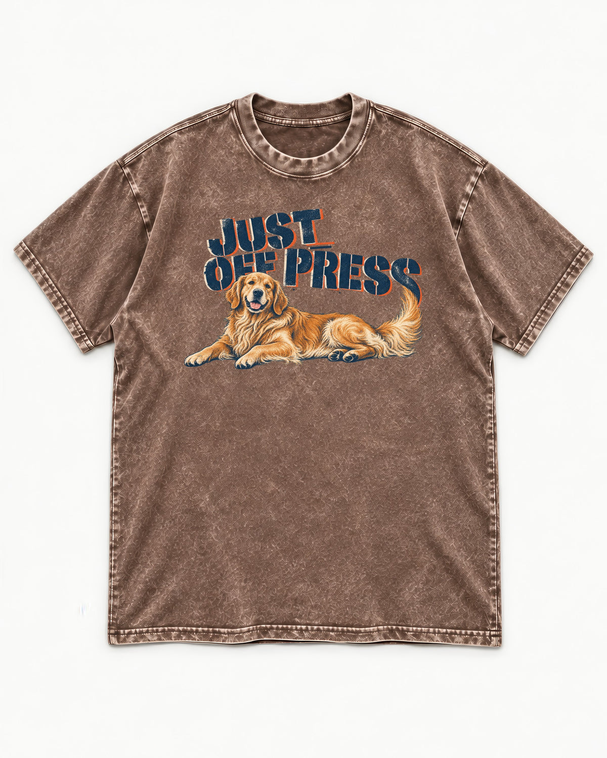 Golden Retriever Just Off Press Washed Tee in Coffee, flat lay product photo