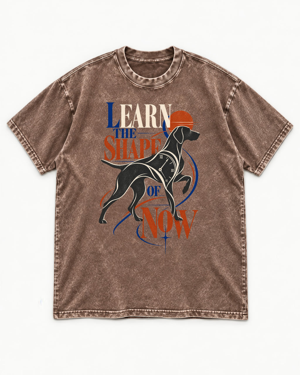 German Shorthaired Pointer Learn the Shape of Now Clock Graphic Washed Tee in Coffee, flat lay product photo