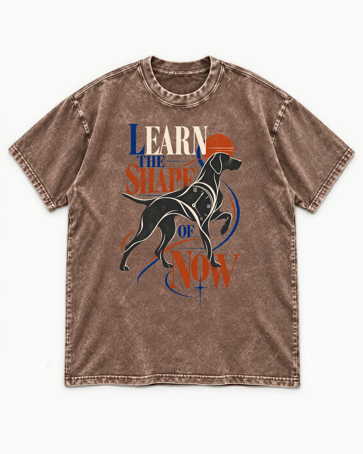German Shorthaired Pointer Learn the Shape of Now Clock Graphic Washed Tee in Coffee, flat lay product photo