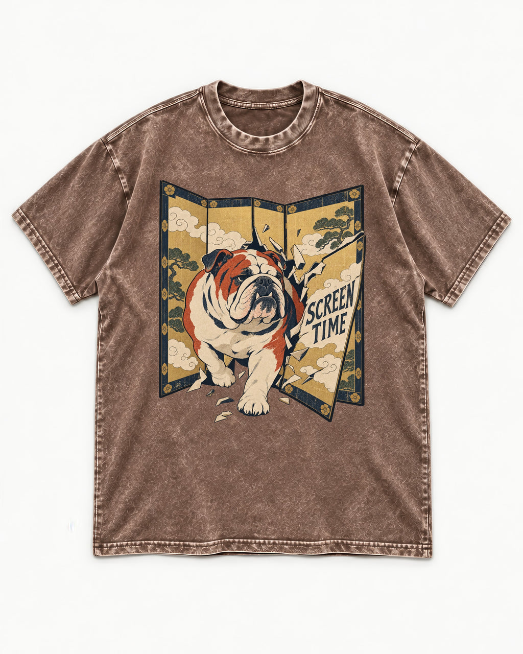 English Bulldog Screen Time Washed Tee in Coffee, flat lay product photo