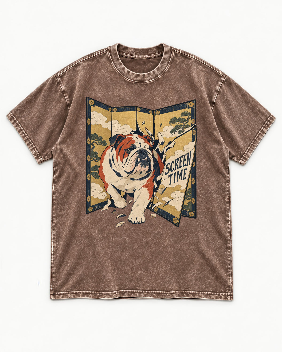 English Bulldog Screen Time Washed Tee in Coffee, flat lay product photo