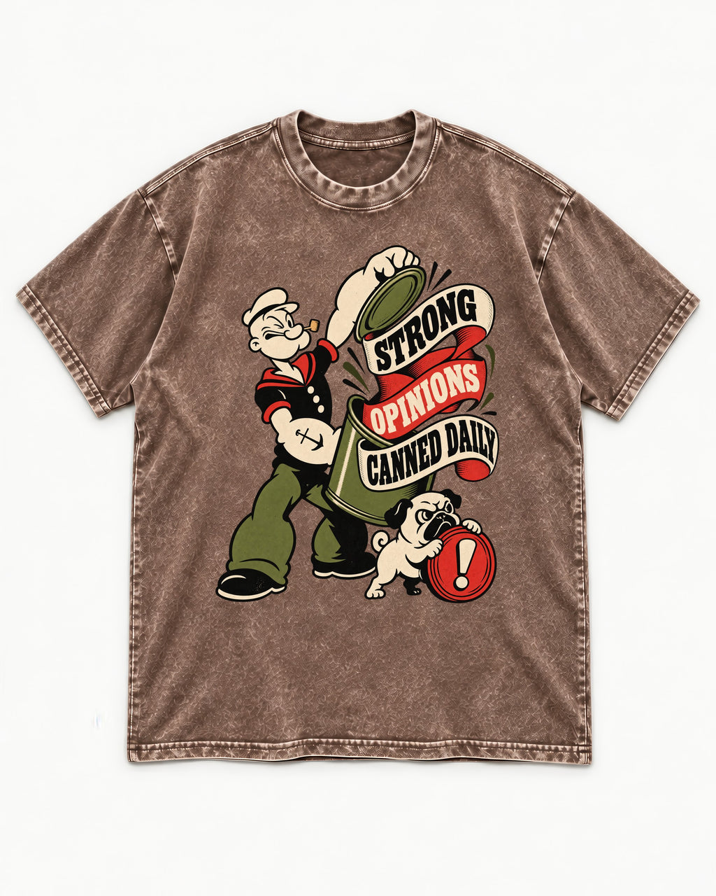 Pug Strong Opinions Washed Tee in Coffee, flat lay product photo