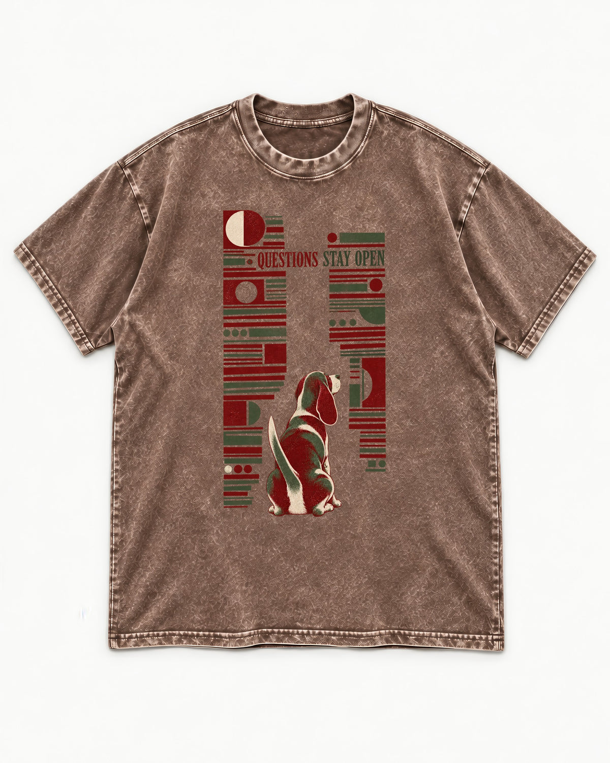 Beagle Questions Stay Open Washed Tee in Coffee, flat lay product photo