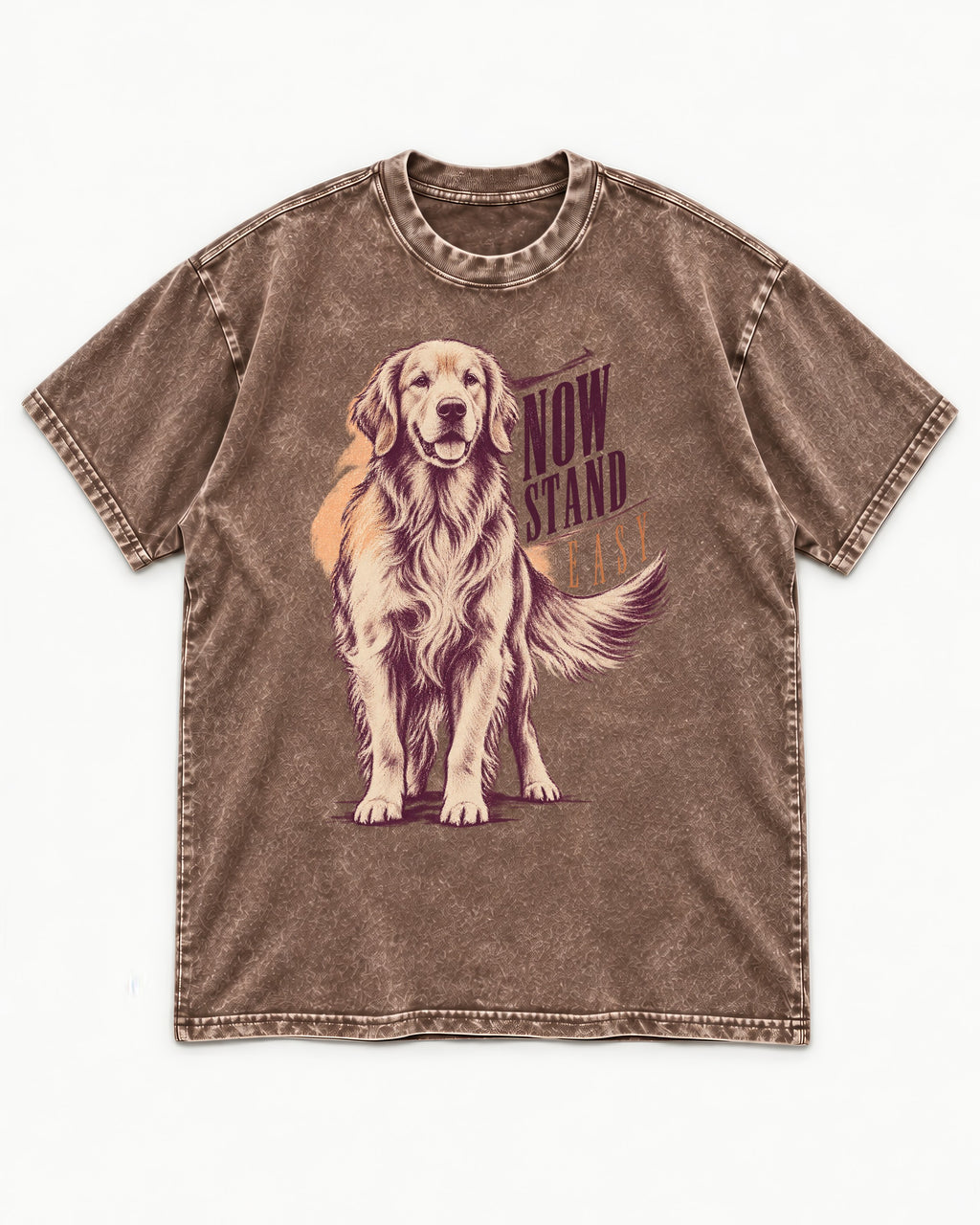 Now Stand Easy Golden Retriever Washed Tee in Coffee, flat lay product photo