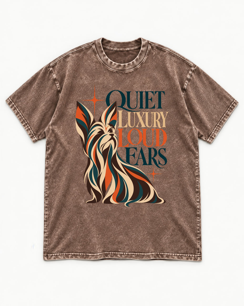 Quiet Luxury Loud Ears Yorkshire Terrier Washed Tee in Coffee, flat lay product photo