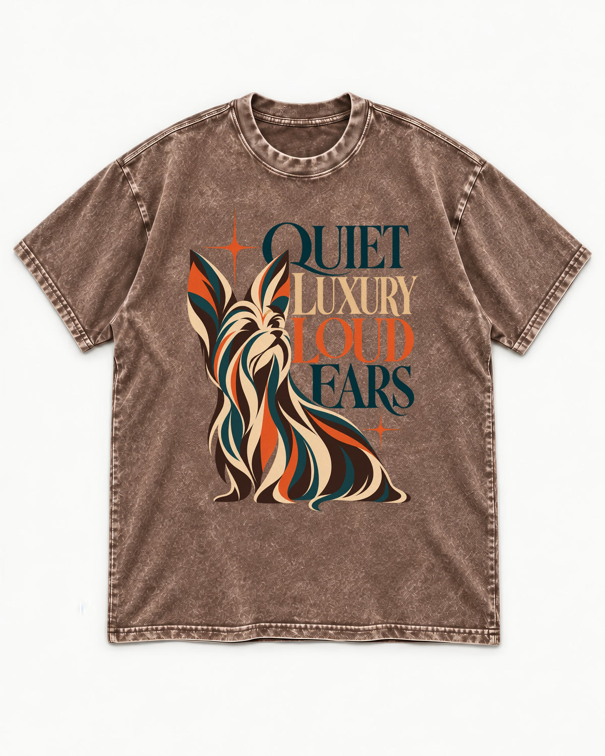 Quiet Luxury Loud Ears Yorkshire Terrier Washed Tee in Coffee, flat lay product photo