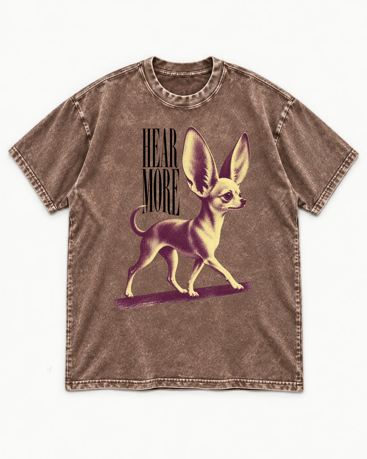 Hear More Chihuahua Washed Tee in Coffee, flat lay product photo
