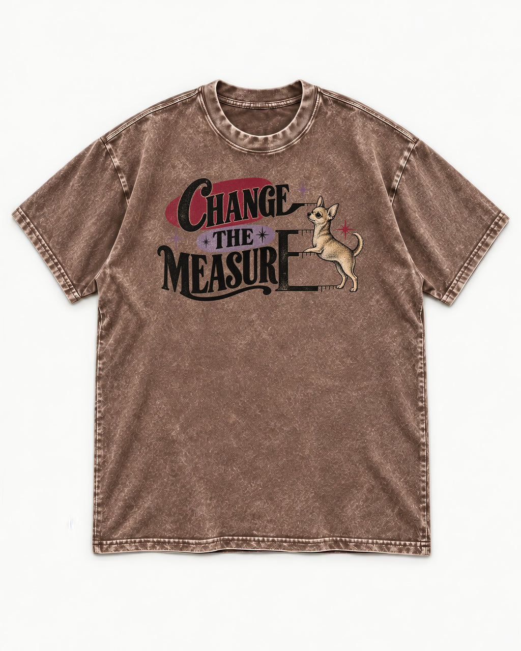 Change the Measure Chihuahua Washed Tee in Coffee, flat lay product photo