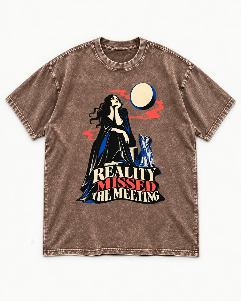 Yorkshire Terrier Reality Missed the Meeting Washed Tee in Coffee, flat lay product photo