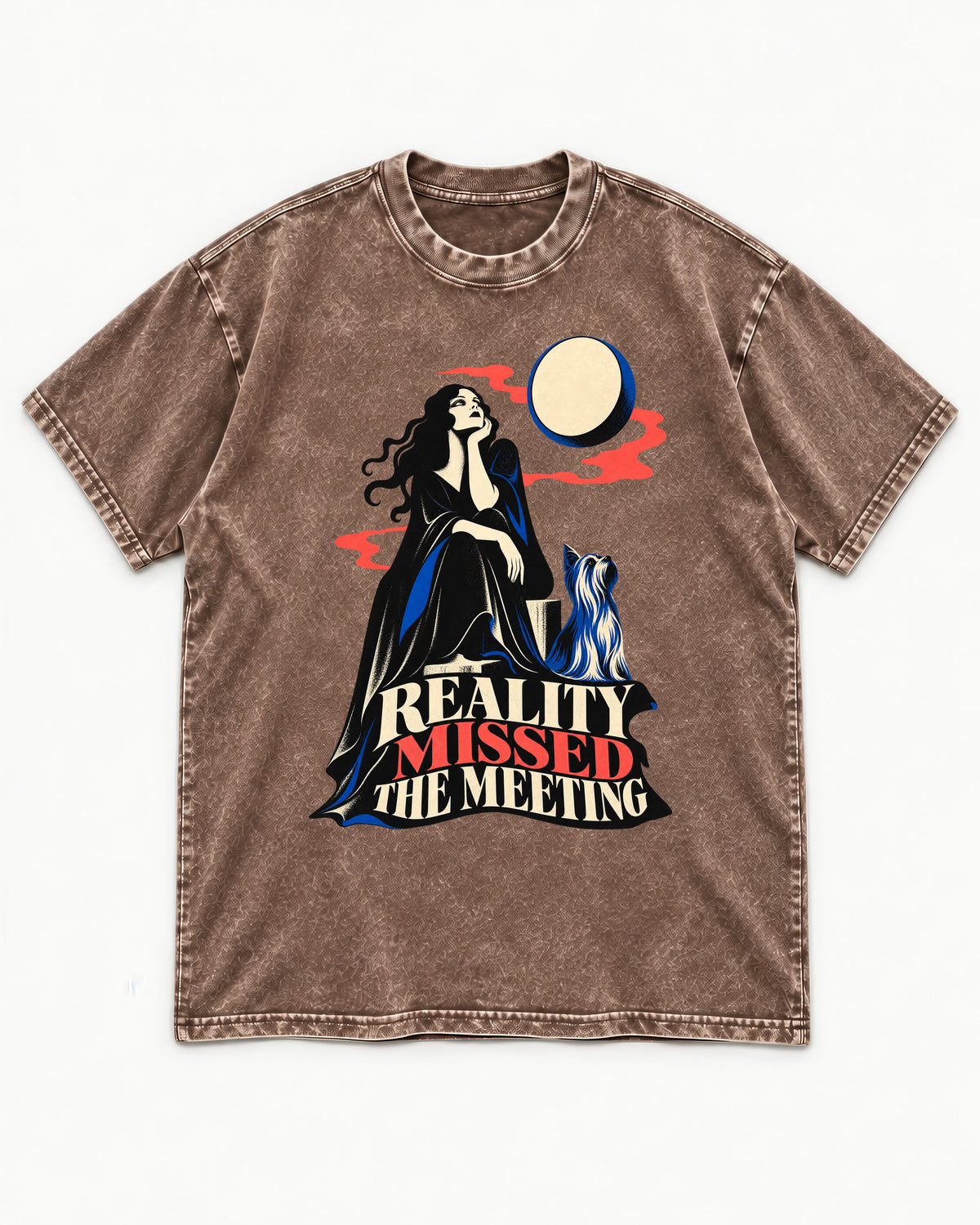 Yorkshire Terrier Reality Missed the Meeting Washed Tee in Coffee, flat lay product photo