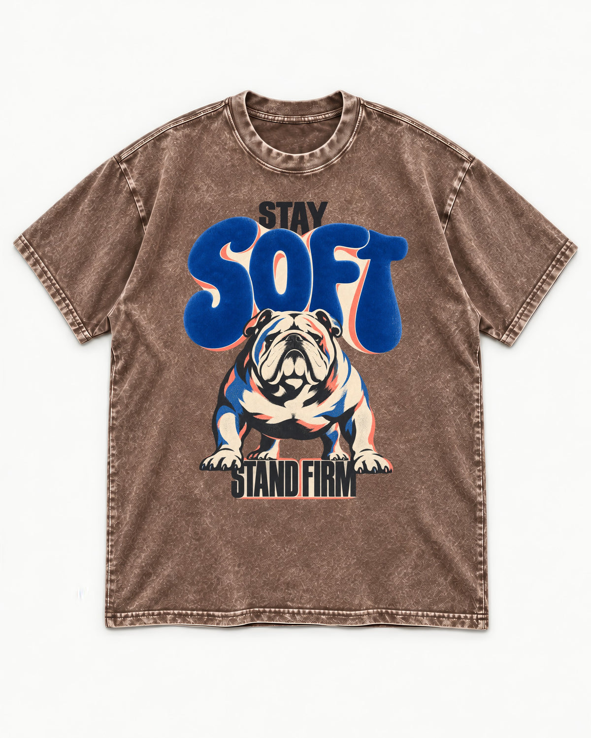 Stay Soft Stand Firm English Bulldog Washed Tee in Coffee, flat lay product photo