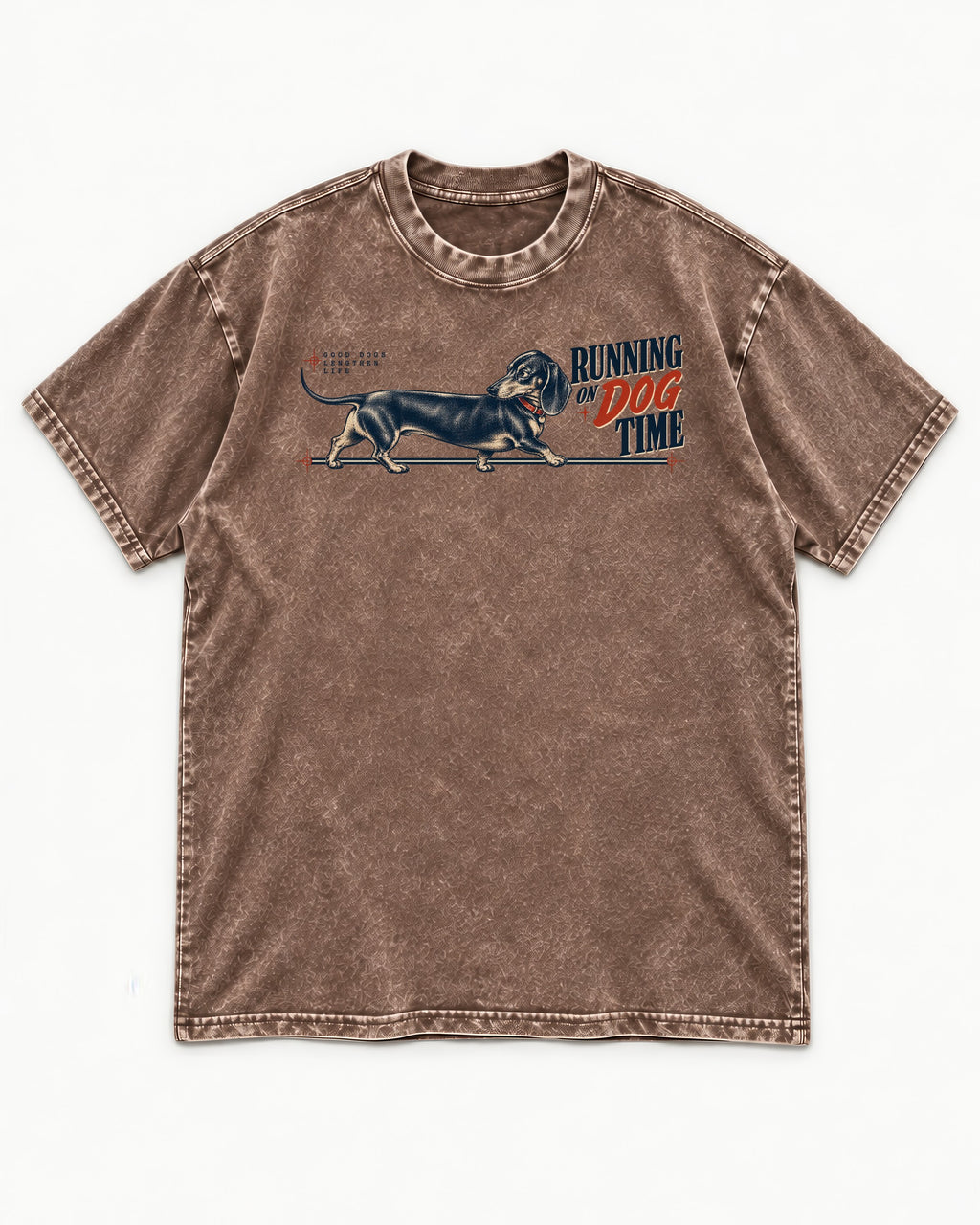 Dachshund Lengthens Life Washed Tee in Coffee, flat lay product photo