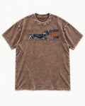 Dachshund Lengthens Life Washed Tee in Coffee, flat lay product photo