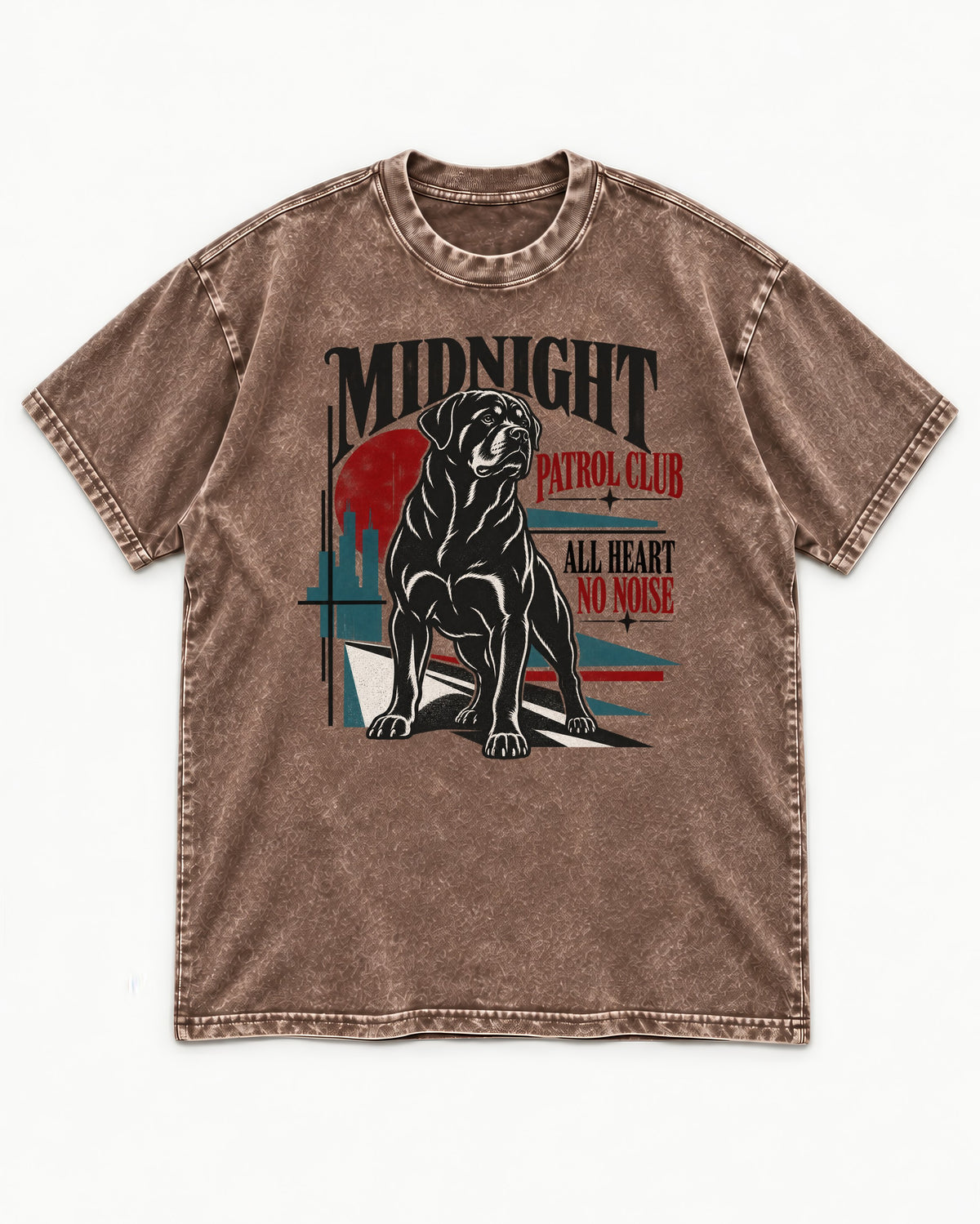 Rottweiler Midnight Patrol Club Washed Tee in Coffee, flat lay product photo