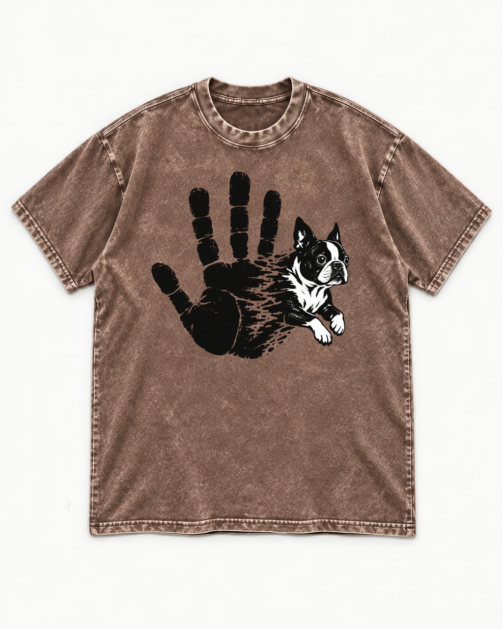 Boston Terrier High Five Washed Tee in Coffee, flat lay product photo
