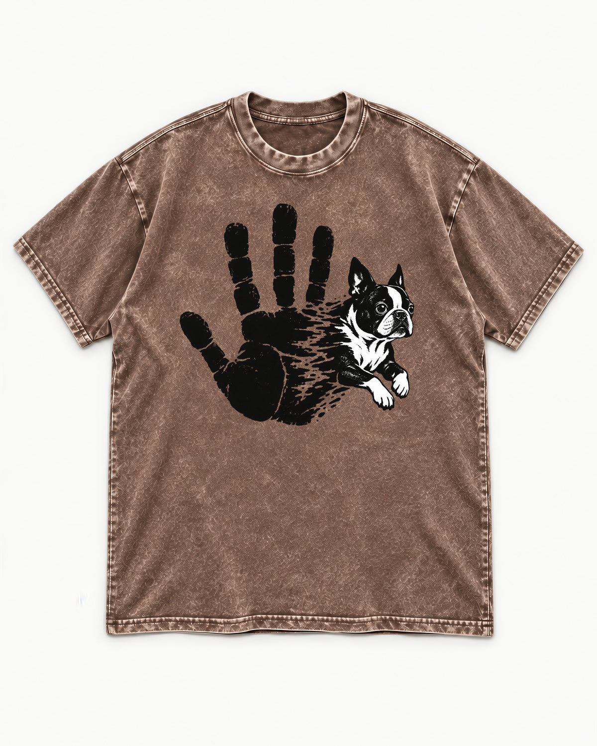 Boston Terrier High Five Washed Tee in Coffee, flat lay product photo